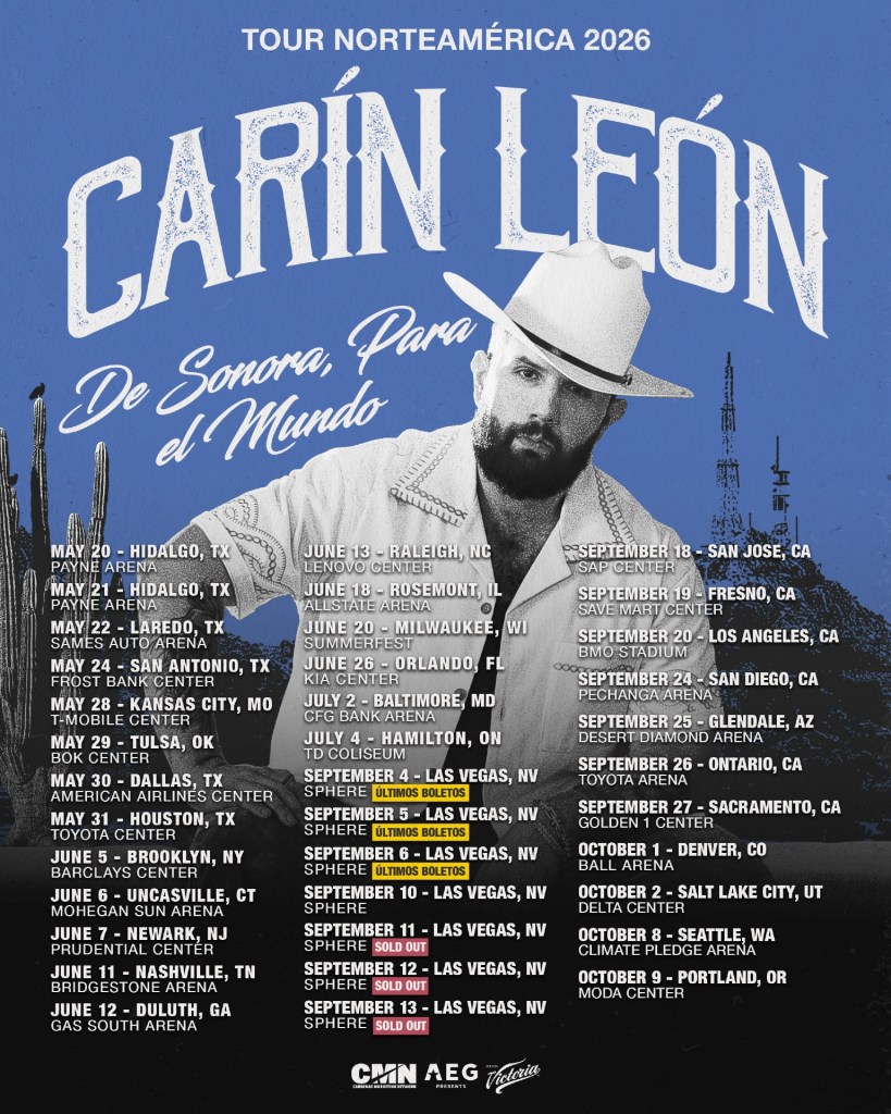 Carín León Tour Norteamérica 2026 poster featuring regional Mexican tour dates
