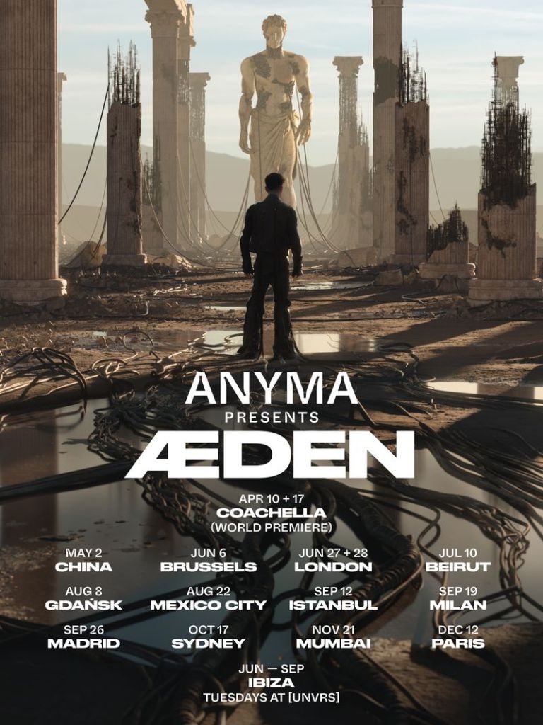 Anyma ÆDEN World Tour 2026 poster featuring futuristic visuals and live show concept
